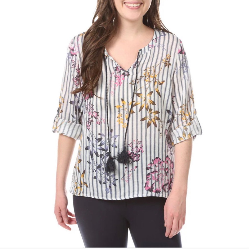 New w/out tags Tribal Jean Roll Tab Sleeve Shirt, blue/multicolor - PM